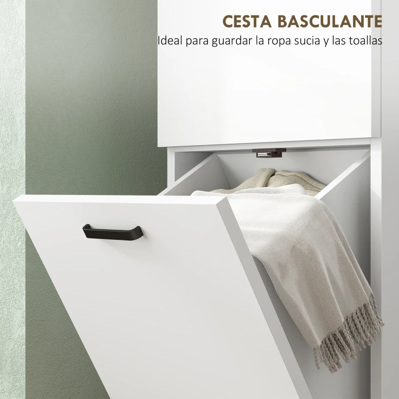 HOMCOM Armario Alto para Baño con Puertas y Estantes Cesto para Ropa Sucia en Espacios Reducidos 35x31,5x144 cm Blanco