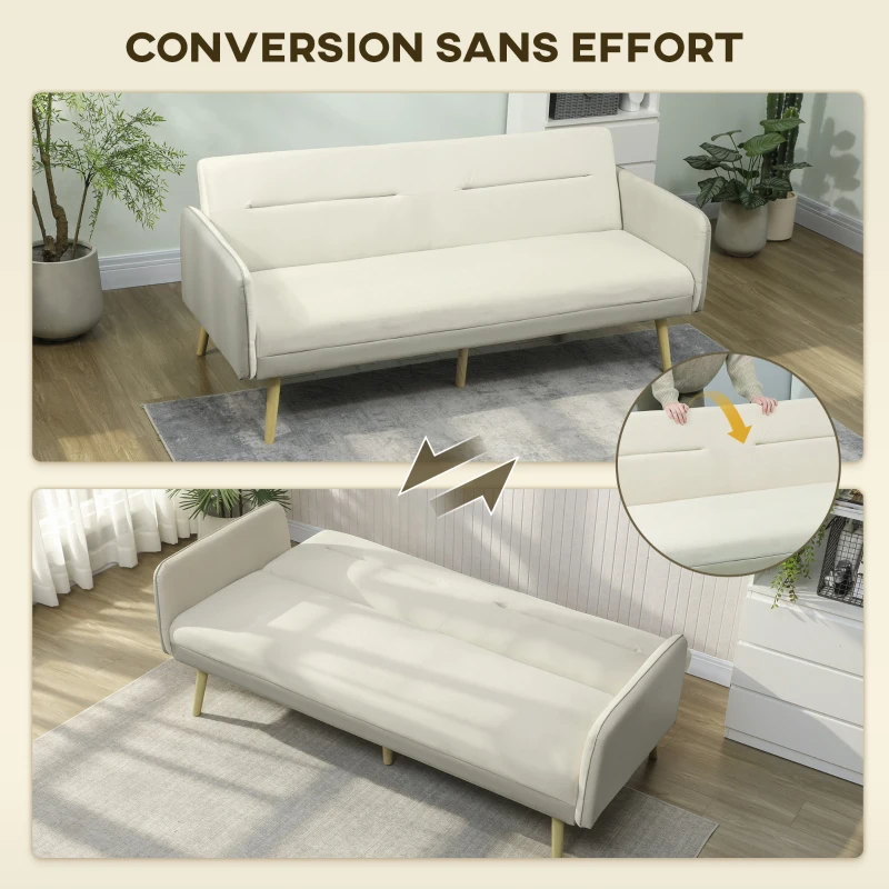 HOMCOM Canapé convertible 3 places 3 en 1, canapé-lit clic-clac, dossier réglable, assise rembourrée, 185 x 84 x 83 cm, beige