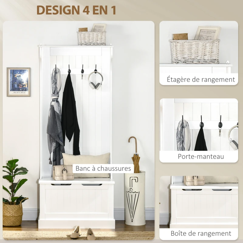 HOMCOM Meuble d'entrée 4 en 1, vestiaire d'entrée avec banc de rangement et 4 crochets doubles, 71,5 x 39,5 x 170 cm, blanc(m-4)