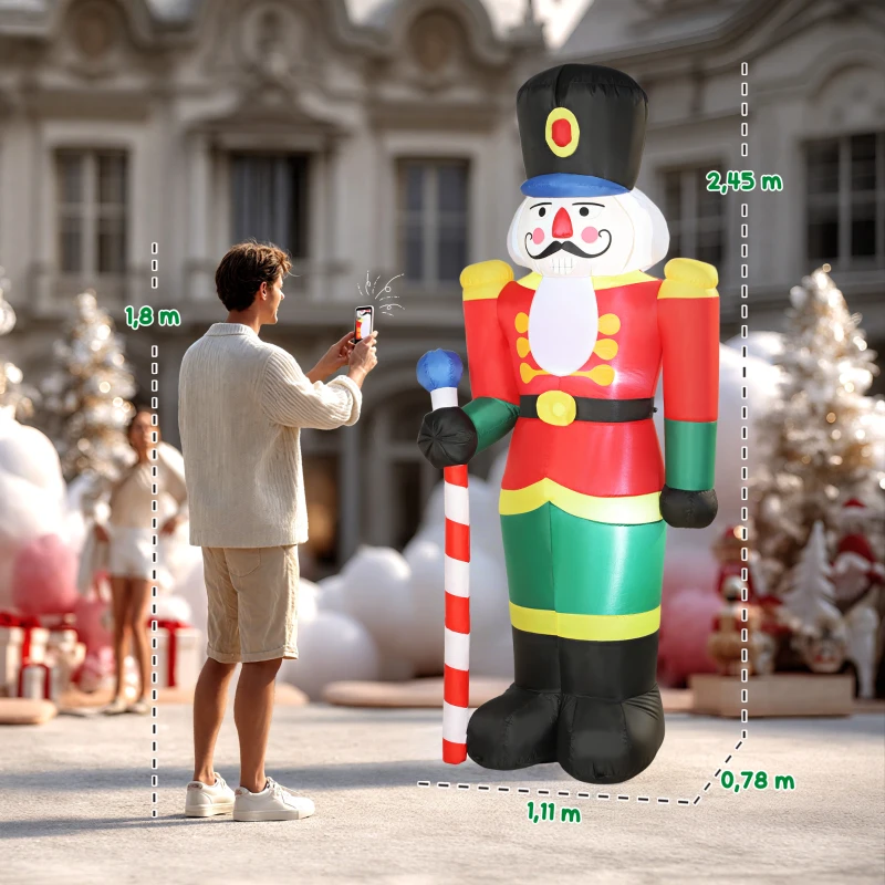 Outsunny Soldat casse-noisette gonflable de Noël 245 CM avec lumières LED et sceptre, intérieur et extérieur, multicolore