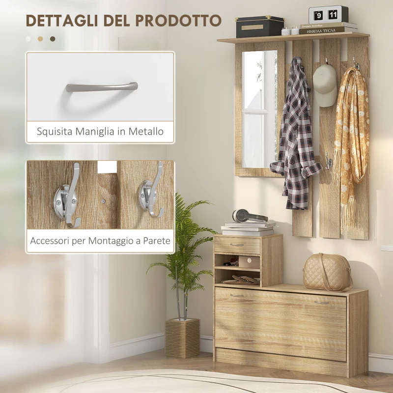 HOMCOM Mobile Appendiabiti 3 in 1 con Scarpiera e Specchio, Ganci e Cassetti, in Legno, 90x10x91 cm, color Quercia