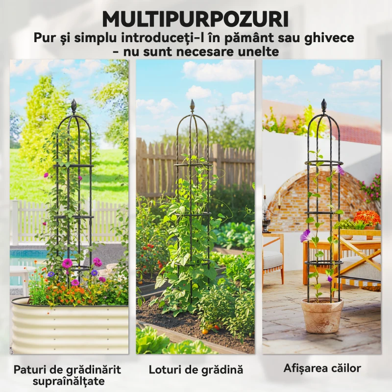 Outsunny Set de 2 Suporturi pentru Plante Cățărătoare înalte de 1,74 m, Suporturi din Oțel cu Decorațiuni, pentru Trandafiri, Roșii, Flori, Mazăre și Legume, Negru