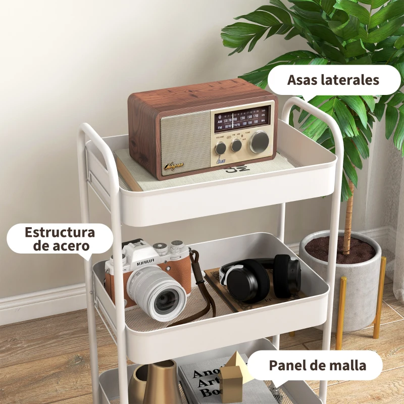 HOMCOM Carrito Auxiliar con Ruedas de 3 Niveles Carrito de Cocina con 3 Cestas y 2 Asas 45x30,6x79 cm Blanco