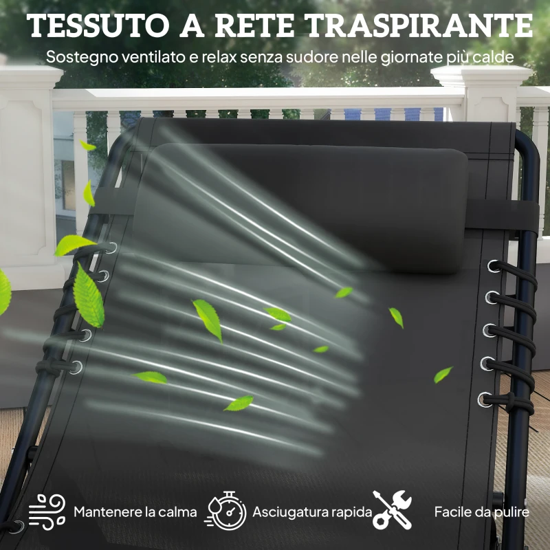 Outsunny Lettino Prendisole in Acciaio e Tessuto Traspirante con Schienale Reclinabile, 189x58x30 cm, Nero