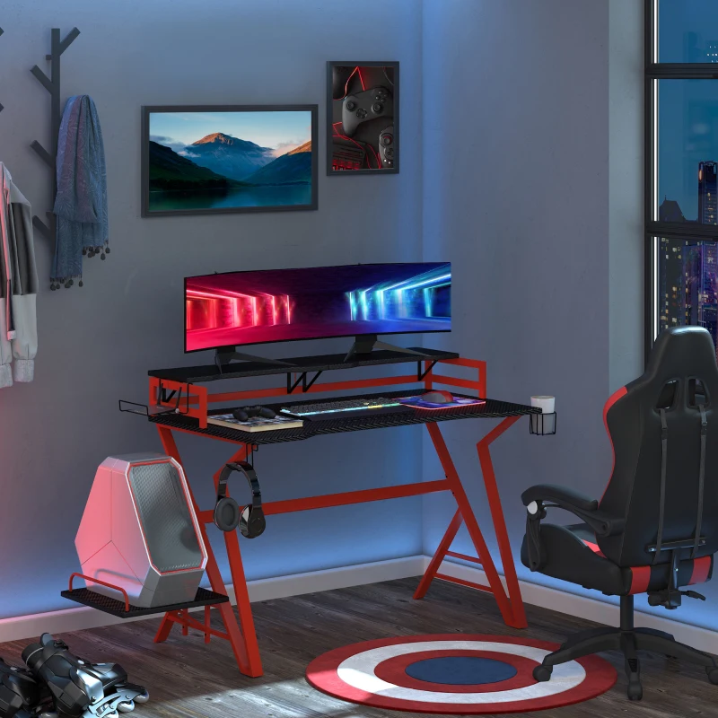 HOMCOM Mesa Gaming Ergonómica 120 cm Escritorio Gaming desk para Computadora PC con Estantes de Monitor y Ganchos para Auriculares Fibra de Carbono 168x66x92,5 cm Negro y Rojo