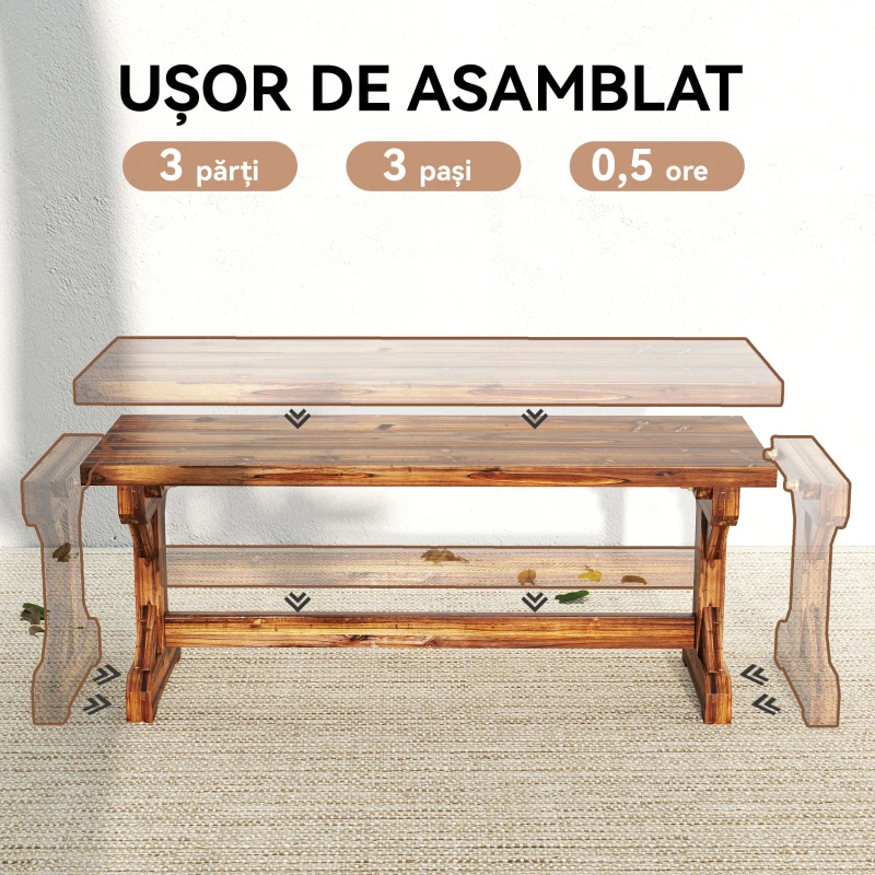 Outsunny Bancă de Grădină cu 2 Locuri din Lemn de Brad cu Bază în Formă de X, Bancă Rustică pentru Exterior Fără Spătar, pentru Patio, Verandă, Balcon, 114L x 40l x 46h cm, Finisaj Carbonizat