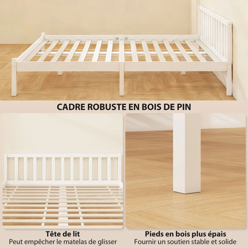 HOMCOM Cadre de lit en bois massif 160x200cm lit simple avec tête de lit et sommier à lattes solide pour enfants adultes