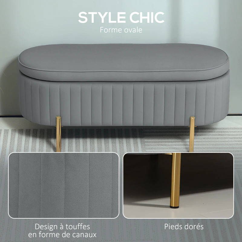HOMCOM Banc de rangement, bout de lit en velours avec couvercle, pieds en métal, capacité 72 L, 108x44x43,5cm, gris