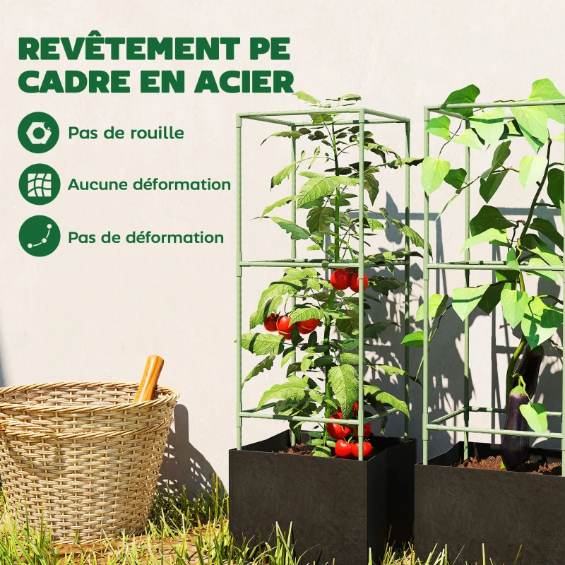 Outsunny Lot de 3 cages à tomates carrées avec sacs de culture de 51,2 L, treillis pour fleurs, légumes, plantes grimpantes, vert
