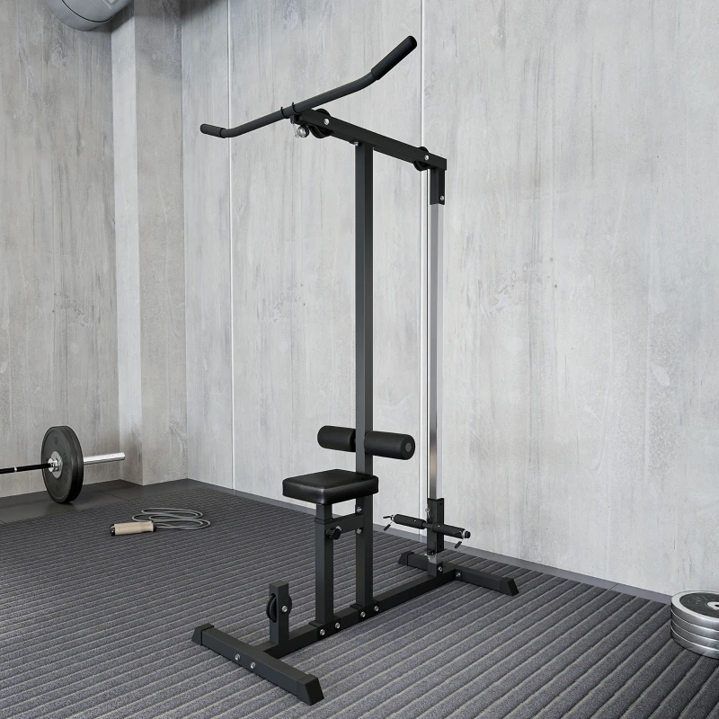 HOMCOM Máquina de Musculación Estación de Entrenamiento para Jalón al Pecho con Polea y Asiento Regulable para Entrenamiento en Gimnasio Hogar Oficina Carga Máx. 100 kg 107x120x190 cm Negro