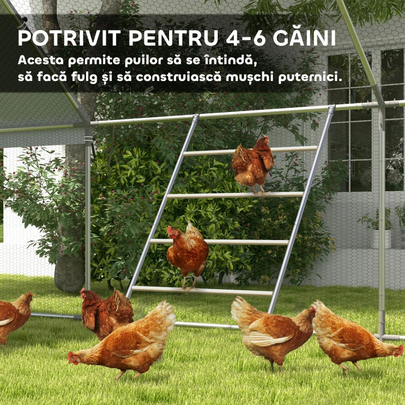 PawHut Suport pentru Găini pe 4 Niveluri, Posatoiu din Lemn și Oțel Galvanizat, Scară pentru Coteț, 4-6 Găini, 140x86x2,5 cm, Lemn Natural