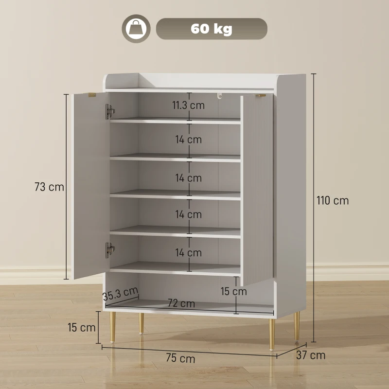 HOMCOM Scarpiera Salvaspazio per 24 Paia di Scarpe con 2 Ante, 3 Ripiani Estraibili e Mensola Inferiore, Bianco