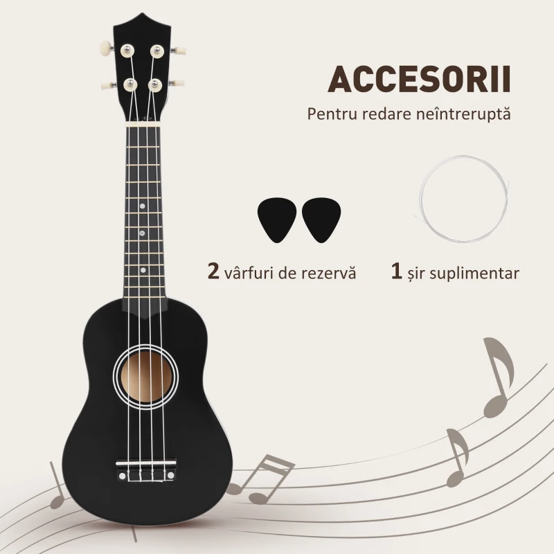 HOMCOM Ukulele Soprano de 21 Inchi pentru Începători, din Lemn cu Corzi din Nailon, Pană și Coardă de Rezervă, Negru