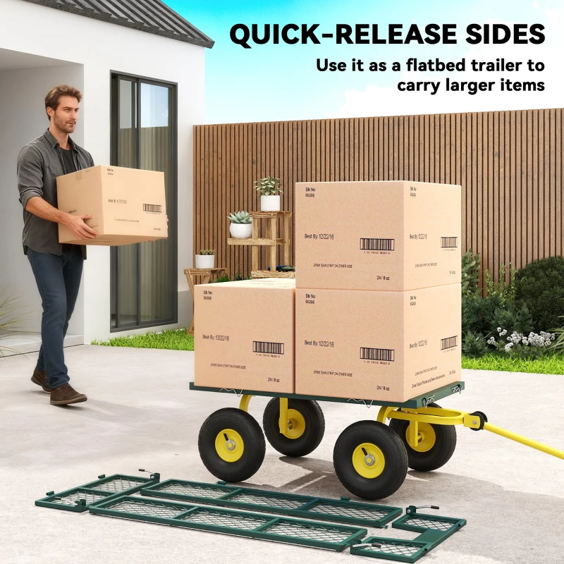 Outsunny Cărucior de Grădină Robust, Remorcă din Oțel cu Pereți Laterali Detașabili, Convertibil în Platformă, Roți de 25cm, Mâner Rotativ la 180°, Capacitate 200 kg, pentru Plajă, Peluză și Grădină, Verde