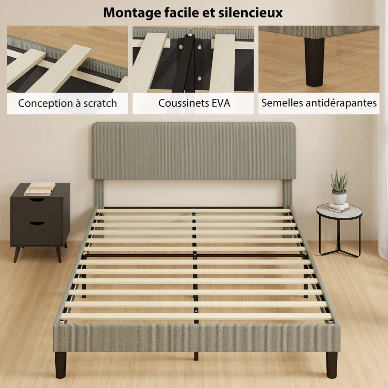HOMCOM Cadre de lit 160 x 200 cm, sommier à lattes en bois, tête de lit réglable, lit double rembourré en velours côtelé, gris