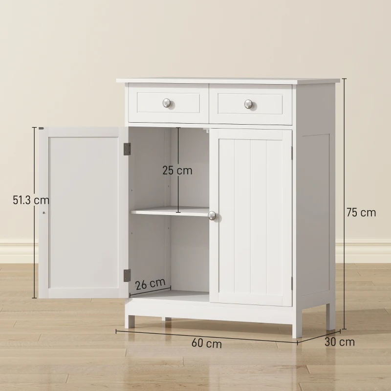 kleankin 75x60cm Freestanding Bathroom Storage Cabinet Unit w/ 2 Drawers Cupboard Adjustable Shelf Metal Handles Traditional Style White