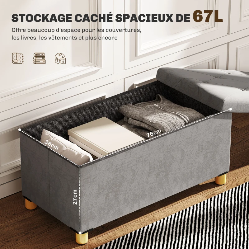 HOMCOM Banc de rangement bout de lit pliable volume 67 L capacité de charge 120 kg avec couvercle 76L x 38l x 38H cm gris