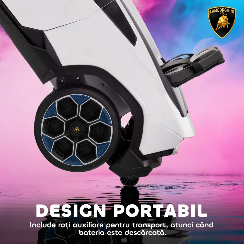 AIYAPLAY Mașină Electrică pentru Copii Licență Lamborghini cu Claxon și Telecomandă, 101.5x49x43 cm, Albă
