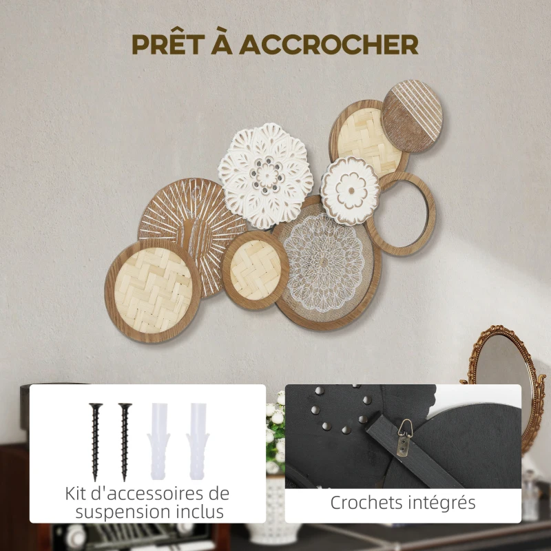 HOMCOM Décoration murale en bois, sculpture murale en bois, design unique à plusieurs disques, 83,8 x 44,5 cm, bois naturel