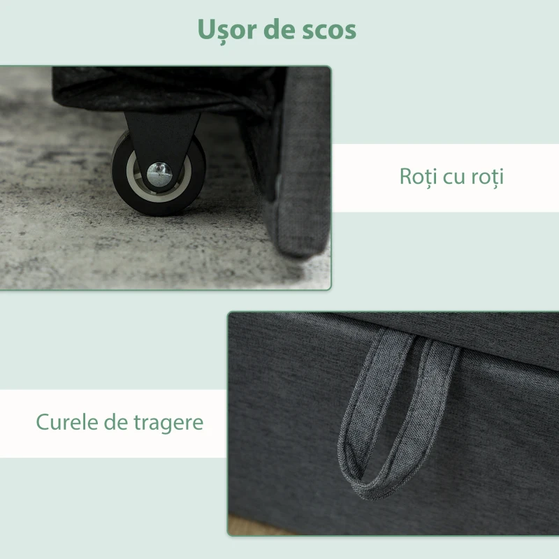 HOMCOM Cadru Pat de O Persoană 90x190 cm, Canapea cu Al Doilea Pat Extensibil, Tăblie Căptușită, Cotiere, Șipci de Lemn de Plop, pentru Cameră, Sufragerie, Gri Închis