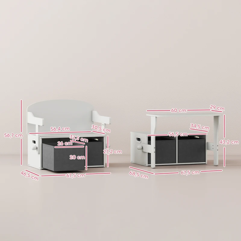 AIYAPLAY Coffre à jouet enfant 3 en 1, ensemble table et chaises avec 2 bacs en tissu amovibles, 67,5 x 46,5 x 56,7 cm, blanc
