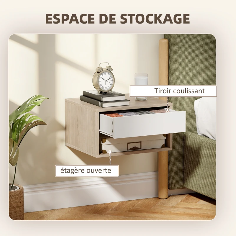 HOMCOM Lot de 2 tables de chevet murales, tables de nuit, tiroir, compartiment ouvert, plateau, 37 x 32 x 21 cm, bois naturel