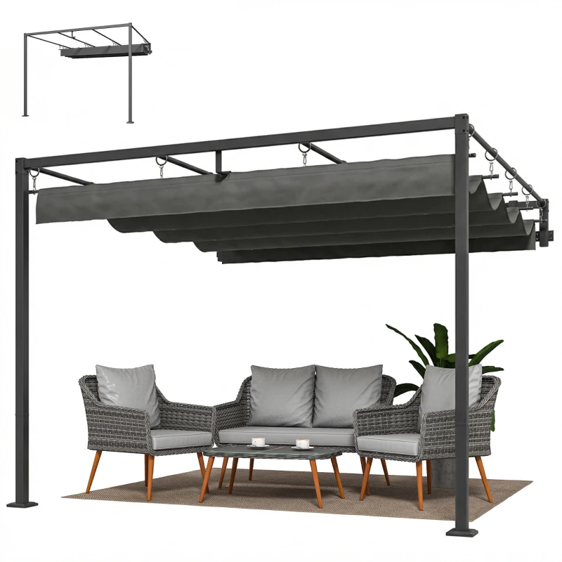 Outsunny Pergola Addossata 3x3 m con Tetto Retrattile Scorrevole UV30+ e Fori di Drenaggio, Grigio Scuro