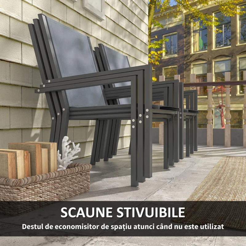 Outsunny Set de Mobilier de Grădină cu 7 Piese, Masă și 6 Scaune Stivuibile, Mobilier din Oțel Textilen, Gri Deschis