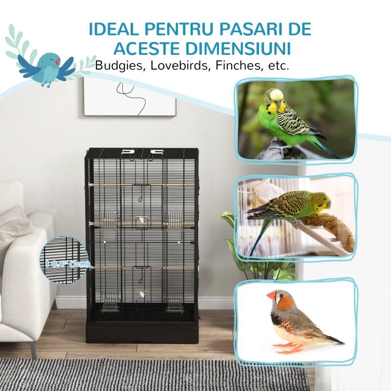 PawHut Cușcă pentru Păsări cu Tavă Detașabilă și Jucării, Volieră pentru Papagali, 61x36.5x98cm, Negru