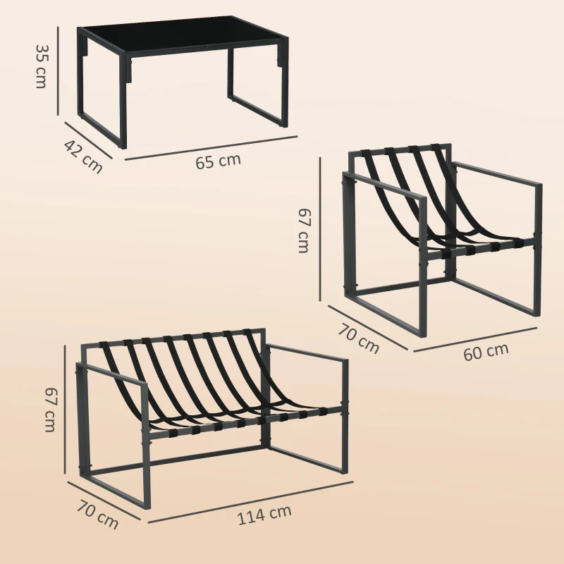 Outsunny Set Mobilier Exterior 4 Piese, Set Relaxare cu Măsuță din Sticlă, Canapea, 2 Fotolii și Perne, Bej
