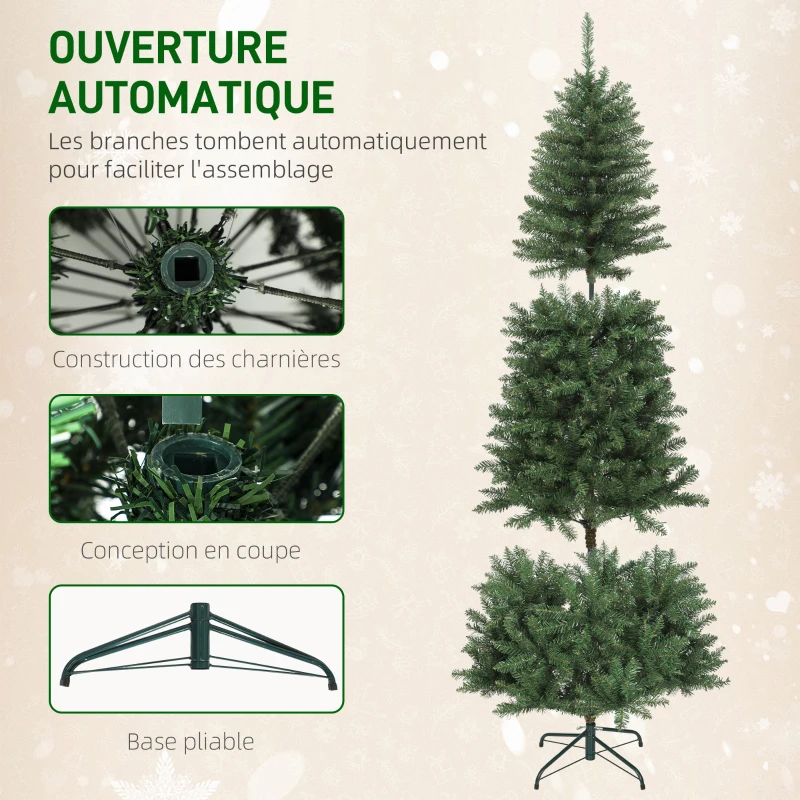 HOMCOM Sapin de Noël artificiel 180 cm, arbre de Noël fin avec 250 lumières, 899 pointes, support en métal pliable, vert