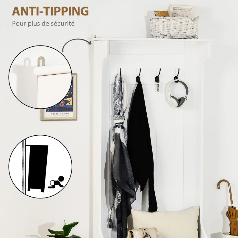 HOMCOM Meuble d'entrée 4 en 1, vestiaire d'entrée avec banc de rangement et 4 crochets doubles, 71,5 x 39,5 x 170 cm, blanc(m-7)