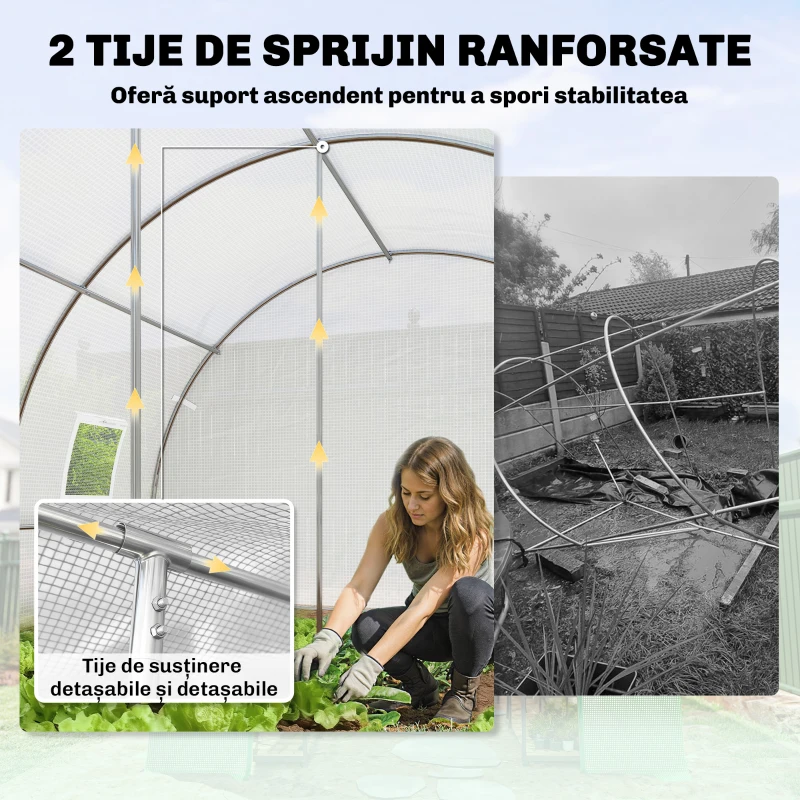 Outsunny Seră de Grădină Tip Tunel 4x3x2 m cu Uși Rulabile și 6 Ferestre, Seră pentru Plante cu 2 Suporturi Diagonale, Cadru din Oțel și Husă PE, pentru Legume, Flori și Fructe, Alb