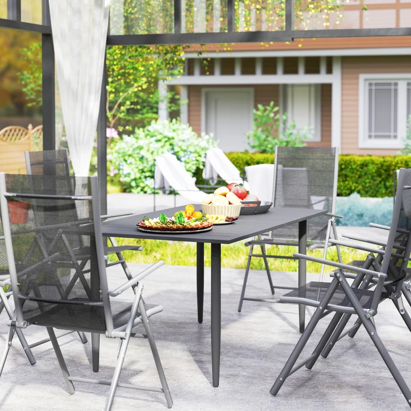 Outsunny Masă de Grădină Dreptunghiulară 150x90x73 cm, Masă de Dining pentru 6 Persoane cu Design cu Lamele și Gaură pentru Umbrelă din Oțel, Pentru Terasă, Balcon și Exterior, Negru