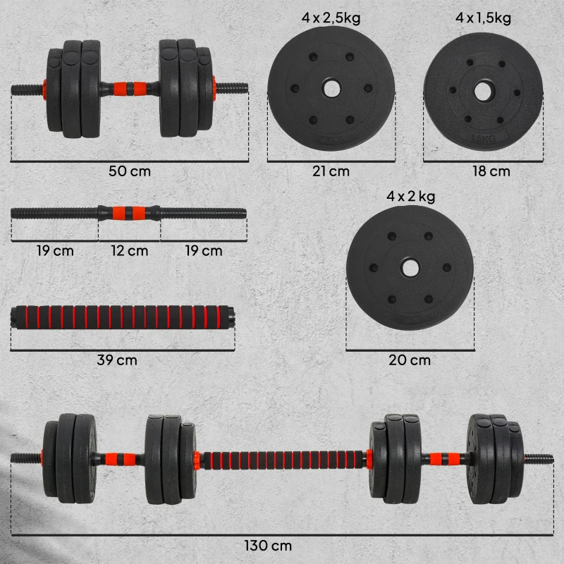 HOMCOM Juego de Mancuernas de 25 kg 2 en 1 de Dumbbell con Barras Conexión y Barra de Extensión Entrenamiento de Fuerza y Levantamiento de Pesas Negro