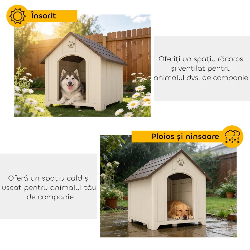 PawHut Căsuță pentru Câini de Exterior, Talie Medie și Mare, Căsuță din Plastic Impermeabilă cu Bază Ridicată, Ferestre și Acoperiș Înclinat pentru Grădină, Balcon, Terasă, 88x78x89 cm, Bej