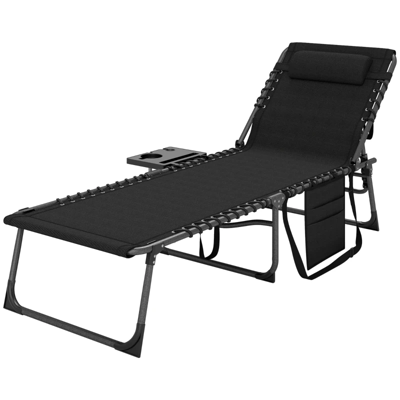 Outsunny Tumbona Plegable con Respaldo Ajustable Reposacabezas Bolsillo Lateral Bandeja y Estructura de Acero 190x60x31 cm Negro