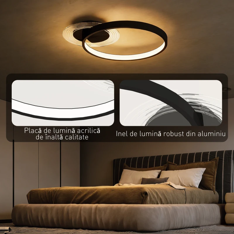 HOMCOM Lampă de tavan LED Modernă de 40W cu 2 Inele și Lumină Reglabilă, Negru