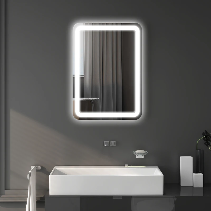 HOMCOM Miroir de salle de bain rectangulaire LED fonction anti-buée luminosité réglable fonction mémoire 70 x 50 cm argent