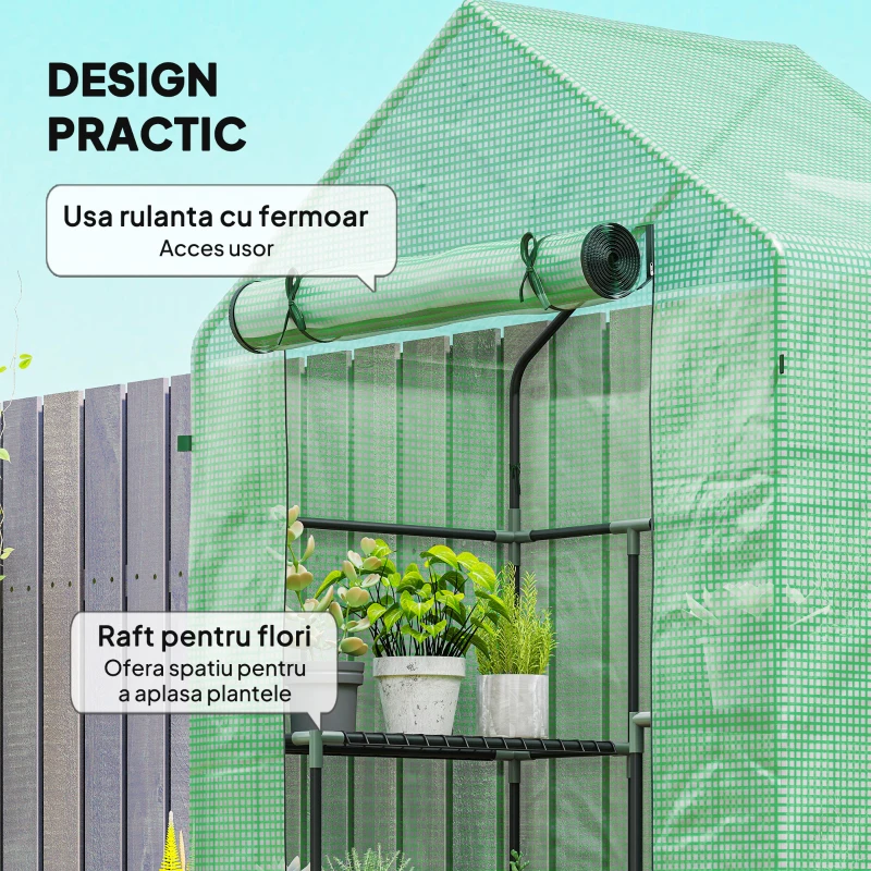 Outsunny PE impermeabil și rezistent la UV Grădină seră pentru plante cu rafturi și accesorii de montare, 142x73x195cm, verde