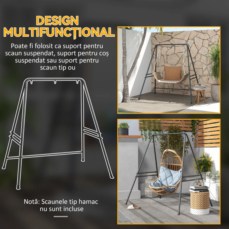 Outsunny Suport pentru Scaun Hamac, Cadru Metalic Rezistent pentru Hamac Suspendat, Balansoar de Terasă, Fotoliu Tip Ou, Negru