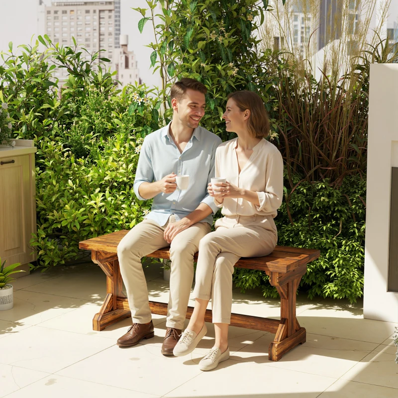 Outsunny Bancă de Grădină cu 2 Locuri din Lemn de Brad cu Bază în Formă de X, Bancă Rustică pentru Exterior Fără Spătar, pentru Patio, Verandă, Balcon, 114L x 40l x 46h cm, Finisaj Carbonizat