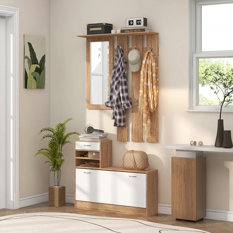 HOMCOM Meuble d'entrée vestiaire avec panneau porte-manteau, miroir et banc à chaussures - 6 crochets et étagère réglable