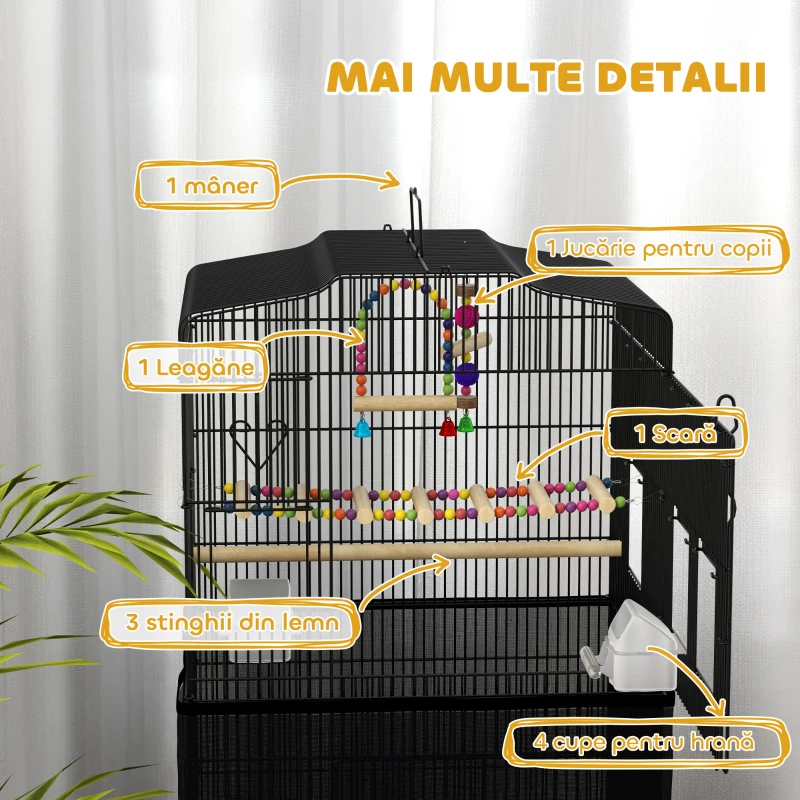 PawHut Colivie pentru pasari cu Stinghii, Leagan si boluri, Voliera din Metal si Plastic, 46.5x35.5x92 cm, Negru