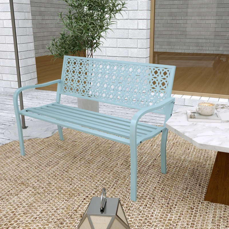 Outsunny Banc de jardin 2 places, banc extérieur jardin en acier avec dossier ajouré, 127 x 63 x 85 cm, bleu