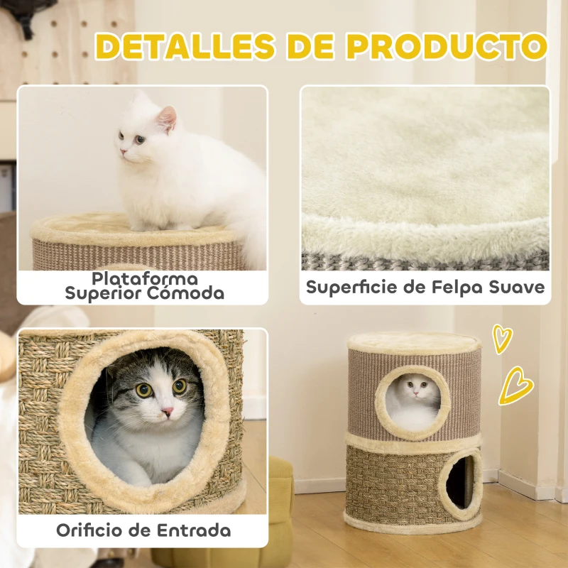 PawHut Barril Rascador para Gatos de 2 Niveles Altura 49 cm Tonel de Escalada con Cama Cubierto de Sisal Caqui y Café