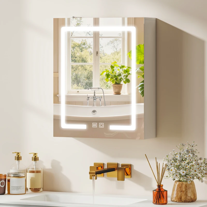 HOMCOM Dulap Baie cu Oglindă, Lumină LED Reglabilă și Anti-Aburire, 50x15x60 cm, Alb