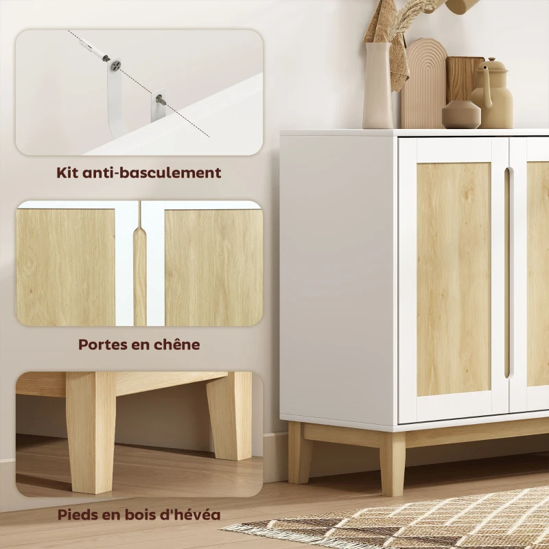 HOMCOM Buffet, meuble de rangement avec 2 portes et 4 tiroirs, étagère réglable, 120 x 40 x 86 cm, blanc et chêne
