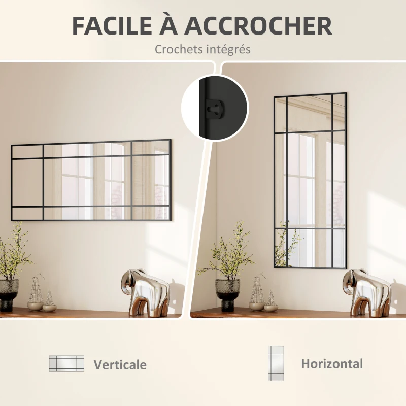 HOMCOM Miroir mural verrière rectangulaire style fenêtre, horizontal ou vertical avec 4 crochets, en métal noir - 110x50 cm
