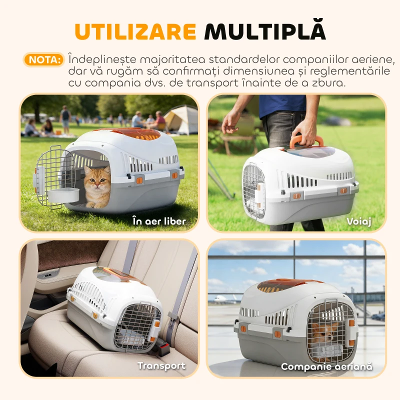 Transportor PawHut pentru Pisici și Câini Mici din Plastic, cu Fereastră Superioară, Ușă din Oțel, Bol pentru Hrană, pentru Animale max 4 kg, 49x32x31 cm, Gri